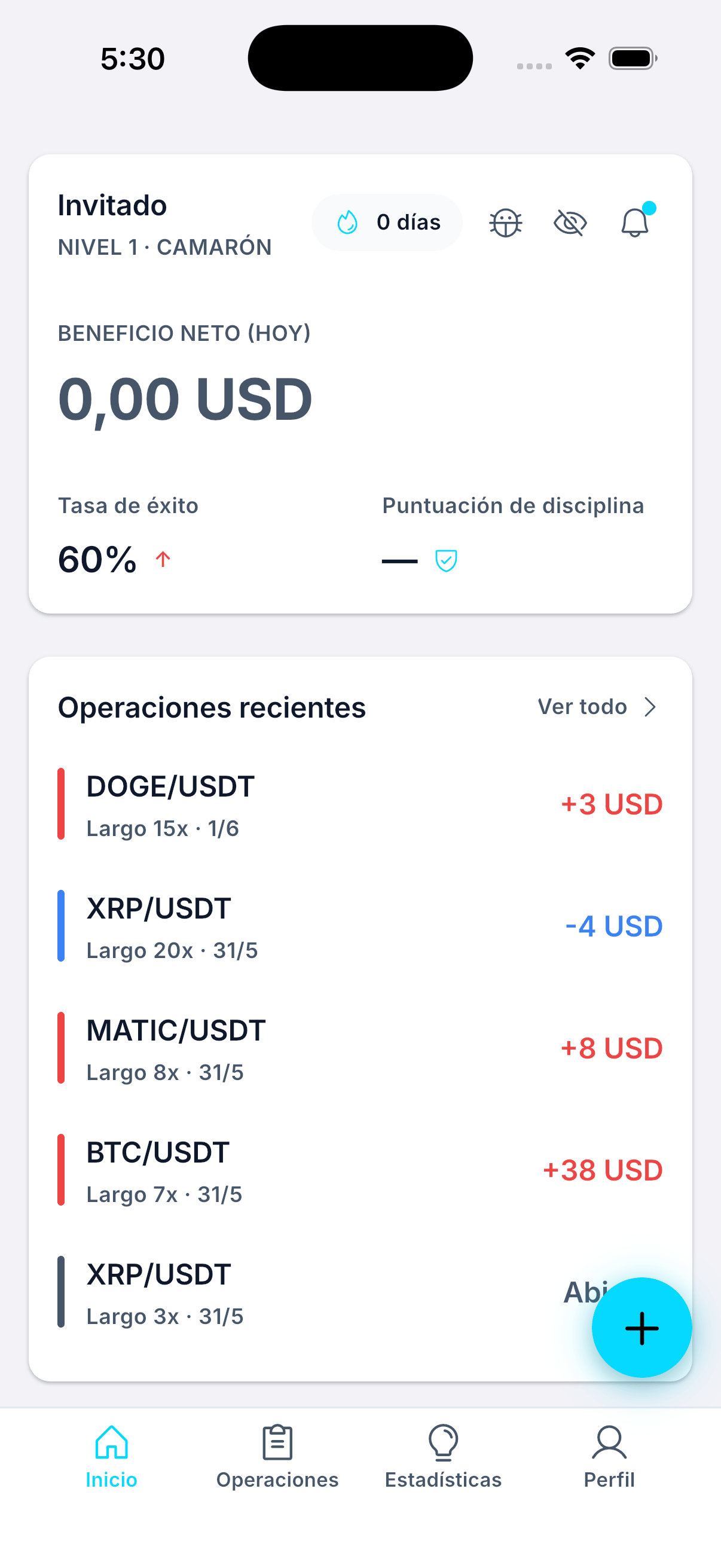 Pantalla de resumen móvil de Whale Journal